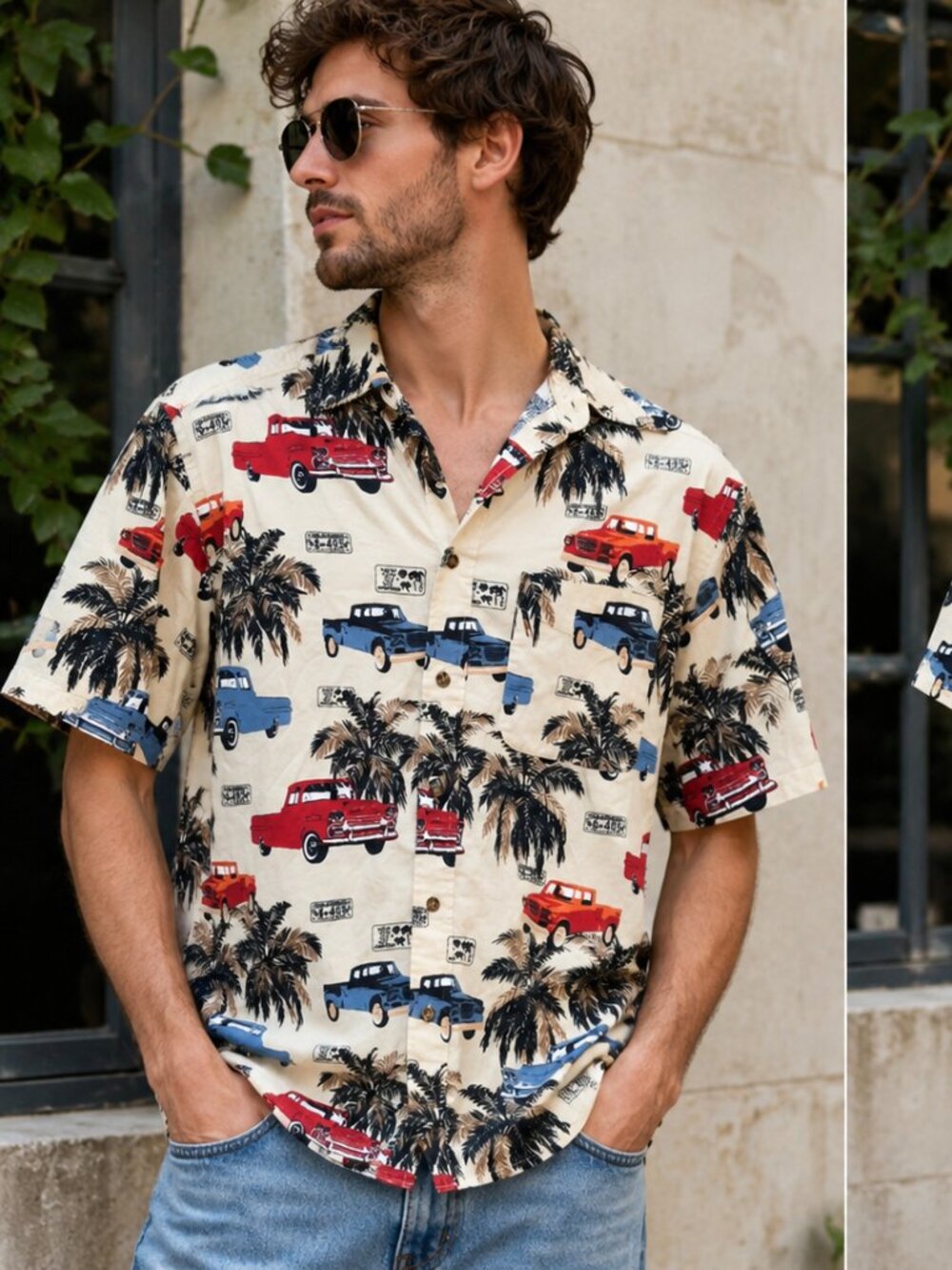 Puritan Vintage Truck & Palm Tree Hawaiian Shirt Men’s Small Tropical Button-Up